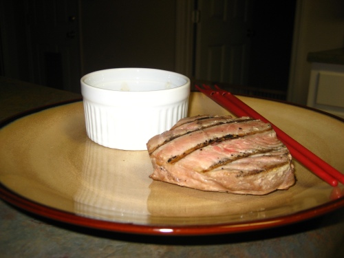 Tuna steak with low-sodium soy sauce and wasabi (or paint thinner, according to Hubs).